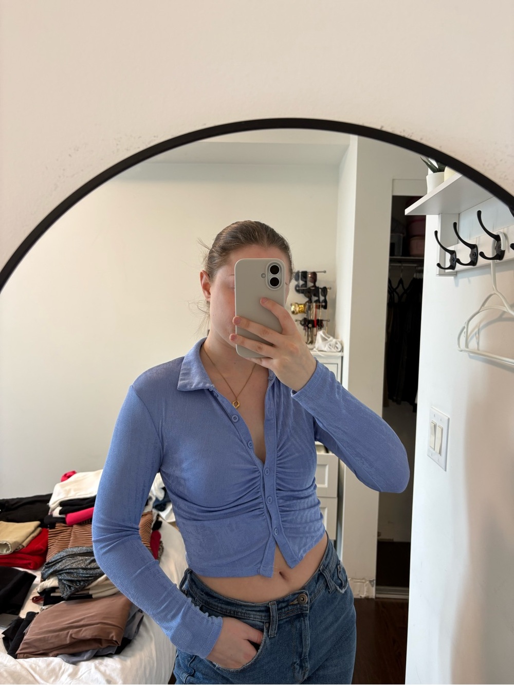 Cropped Ribbed Button-Front Top in Lavender Blue